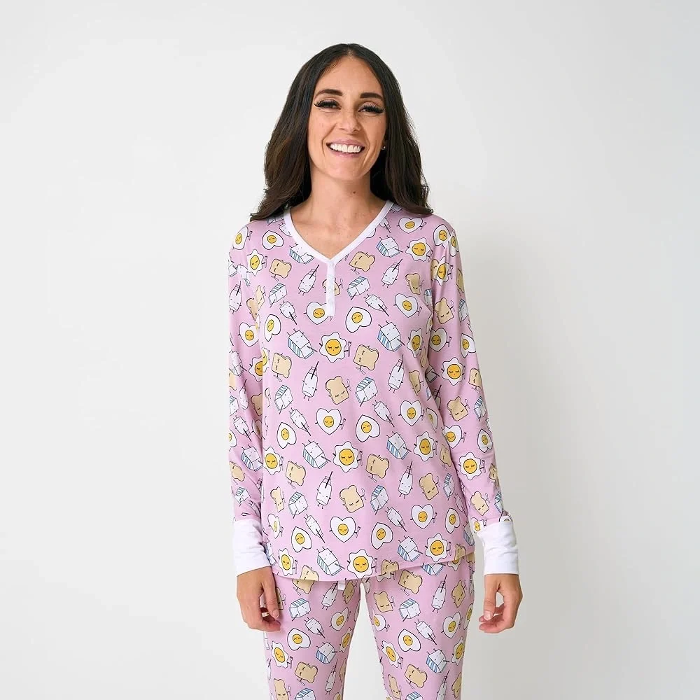 Little Sleepies Womens Pajama Set Pink Breakfast Buddies Large Bamboo - Picture 4 of 16